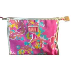 Lilly Pulitzer Pink Floral Cosmetic Bag with Gold Trim
